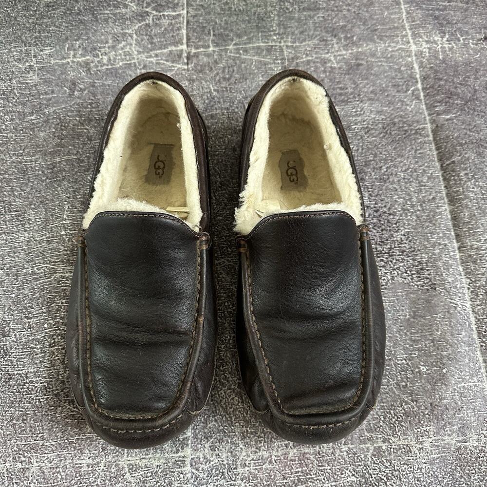 Men's Ugg Ascot Matte Brown Leather Wool Lined Slip On Moccasin Slippers Sz 10